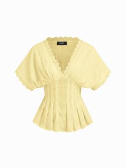 Cider - Broderie Anglaise Women's V-Neck Shirred Blouse Yellow