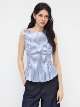 Cider - Cotton Blend Women’s Striped Pleated Boat Neck Tank Top Blue