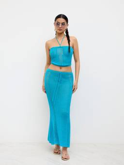 Cider - Knitted Women's Halter Neck Beaded Skirt Set Indigo