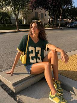 Cider - Knit Women's Graphic Hollow Out V-Neck Oversized Top Green