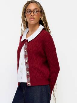Cider - Cable Knit Women’s Button-Up Round Neck Cardigan Wine