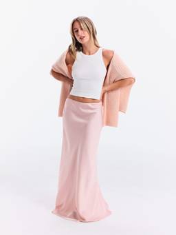 Cider - Satin Women's Mid-Rise Ruffle Maxi Skirt Pink