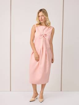 Cider - Tweed Women's Bow Detail Pleated Midi Dress Pink