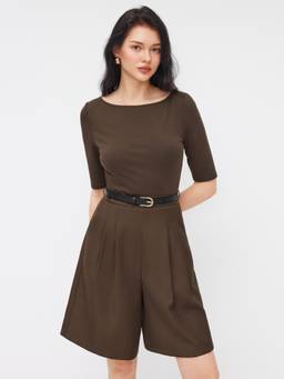 Cider - Women's Boat Neck Belted Solid Playsuit Brown