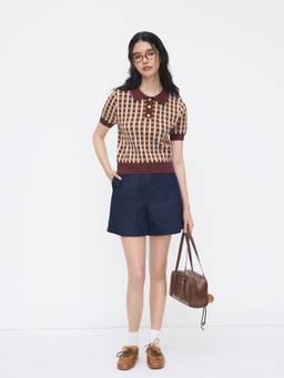 Cider - Knit Polo Women’s Check Half Sleeve Top Brown