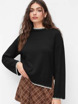 Cider - Contrast Binding Women Round Neck Pullover Sweater Black