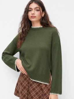 Cider - Knit Women's Contrast Binding Round Neck Pullover Sweater Green