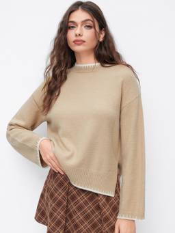 Cider - Contrast Trim Women Regular Fit Round Neck Sweater Khaki