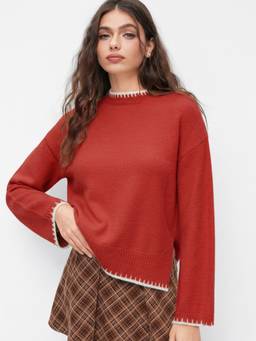 Cider - Contrasting Binding Women Round Neck Pullover Sweater Red