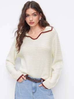 Cider - Knit Collar Women's Contrast Binding Full Sleeve Top Beige