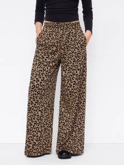 Cider - Leopard Print Women's Mid-Waist Elastic Wide-Leg Trousers Brown