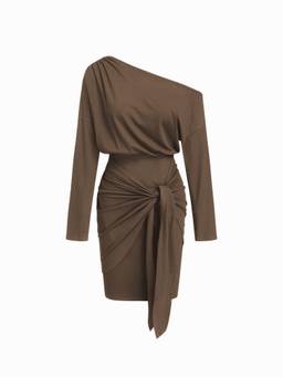 Cider - Women's Asymmetrical Neck Tie-Front Midi Dress Brown
