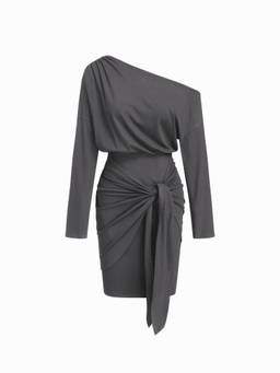Cider - Asymmetrical Neck Women's Tie-Front Full Sleeve Midi Dress Grey
