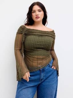 Cider - Lace Women's Off-Shoulder Drawstring Asymmetrical Hem Top Green