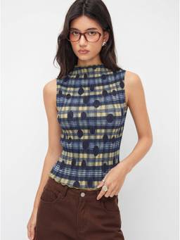 Cider - Plaid Texture Women’s Lettuce Trim High Neck Tank Top Navy Blue