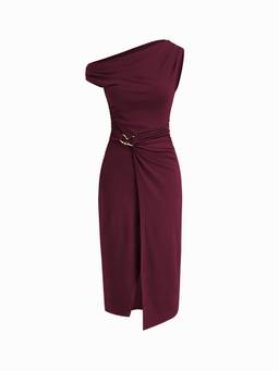 Cider - Wrap Metal Detail Women's Ruched Asymmetrical Neck Midi Dress Burgundy