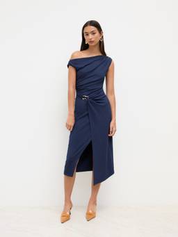 Cider - Women's Ruched Asymmetrical Neck Wrap Midi Dress Navy Blue