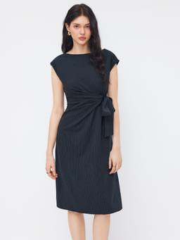 Cider - Stripe Knotted Ruched Women's Boat Neck Midi Dress Navy Blue