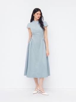 Cider - High Neck Women's Pleated Zipper Midi Dress Baby Blue