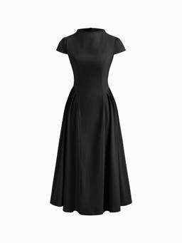 Cider - Ruffle Zipper Women's High Neck Midi Dress Black
