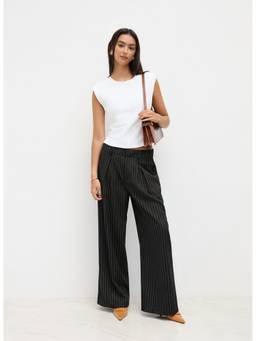 Cider - Stripe Women's Mid-Waist Pleated Wide-Leg Trousers Black