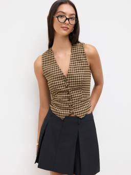 Cider - Tartan Women's V-Neck Button Waistcoat Khaki