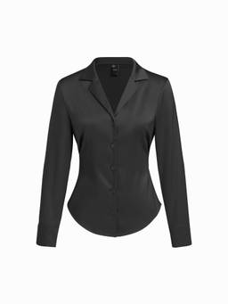 Cider - Satin Women's Cinched Waist Curved Hem Shirt Black