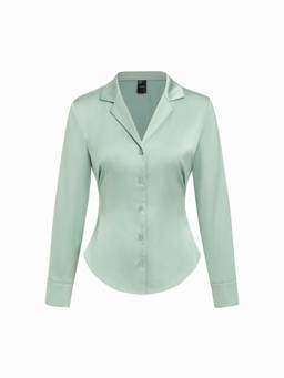 Cider - Satin Women's Cinched Waist Curved Hem Shirt Green