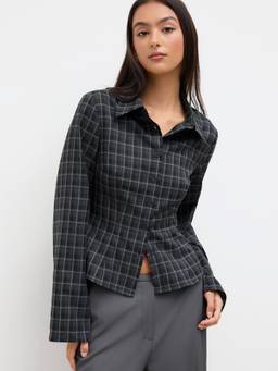 Cider - Check Women's Bell Sleeve Button-Down Shirt Navy Blue