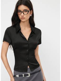 Cider - Satin Collar Women's Short Sleeve Button-Down Shirt Black