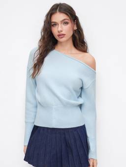 Cider - Knit Women's Asymmetrical Neck Button Crop Top Sky Blue