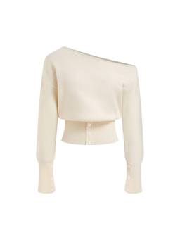 Cider - Knit Women's Asymmetrical Neck Button Crop Top White