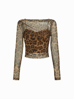 Cider - Mesh Leopard Women’s Sheer Boat Neck Crop Top Brown