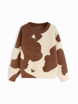 Cider - Knit Wool-Blend Women's Cow Print Oversized Pullover Sweater Brown