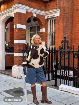 Cider - Knit Wool-Blend Women Cow Print Oversized Pullover Sweater Brown