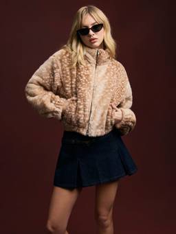 Cider - Faux Fur Women’s Deer Print High Neck Zip Jacket Camel