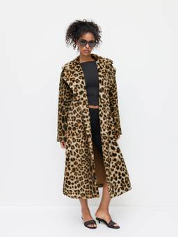 Cider - Leopard Faux Fur Women Oversized Notched Lapel Longline Coat Tan