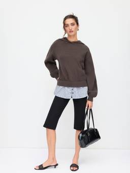 Cider - Knit Gingham Women's Oversized Hooded Pullover Hoodie Brown