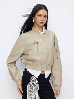 Cider - Stand Collar Women's Zip-Through Faux Leather Bomber Jacket Beige