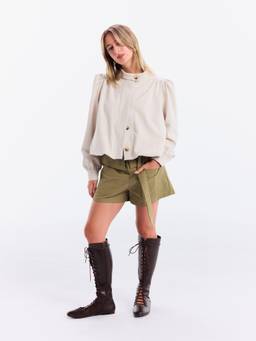 Cider - Ruched Ruffle Women Stand Collar Oversized Jacket Khaki