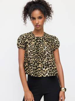 Cider - Leopard Print Women's Peter Pan Collar Puff Sleeve Blouse Brown