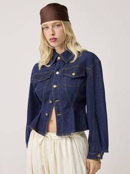 Cider - Cinched Waist Women’s Button-Front Denim Jacket Dark Navy