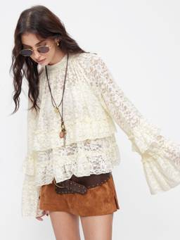 Cider - Lace Floral Women's Ruffled Flared Sleeve Blouse Cream