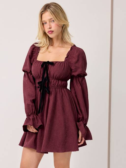 Buy Cider Velvet Women's Square Neck Bowknot Bell Sleeve Mini Dress Burgundy (XXS) Online