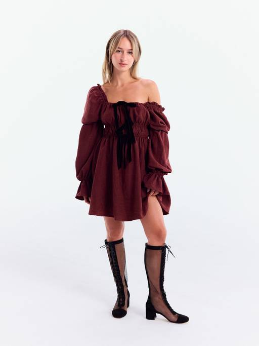 Buy Cider Velvet Women's Square Neck Bowknot Bell Sleeve Mini Dress Burgundy (XXS) Online