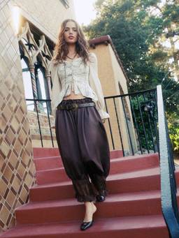 Cider - Lace Patched Women's Mid-Rise Drawstring Cropped Culottes Coffee