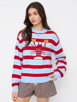 Cider - Lobster Stripe Women Oversized Round Neck Sweater Blue