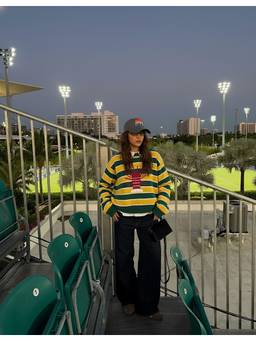 Cider - Lobster Stripe Women Oversized Round Neck Pullover Sweater Green