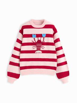 Cider - Lobster Stripe Women’s Oversized Round Neck Pullover Sweater Red