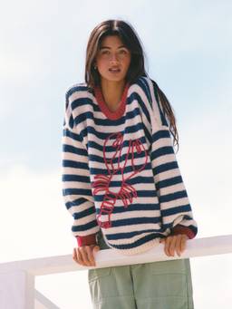 Cider - Knit Stripe Women's Oversized Lobster Graphic Sweater Navy Blue